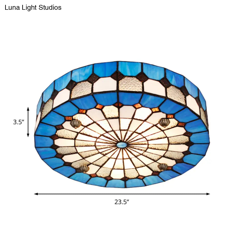 Tiffany Style Stained Glass Round Ceiling Light Fixture - Blue 16’/23.5’ Flushmount With 3/4