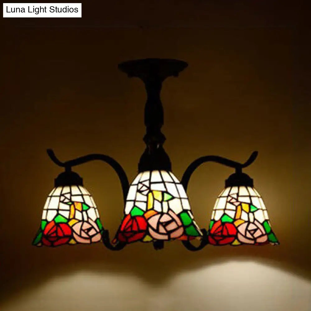 Tiffany Style Stained Glass Semi Flush Lamp - Red/Blue/Green/Blue-White 3/5 Lights Ideal For