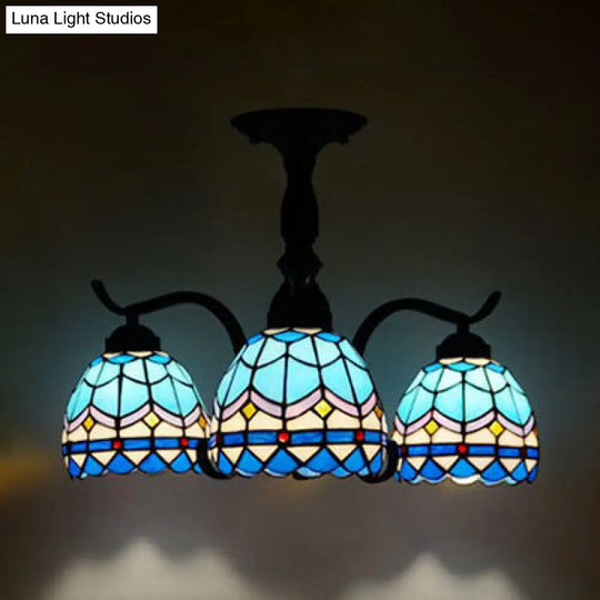 Tiffany Style Stained Glass Semi Flush Lamp - Red/Blue/Green/Blue-White 3/5 Lights Ideal For