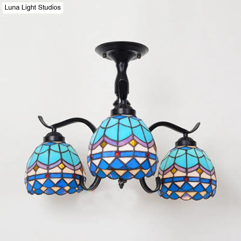 Tiffany Style Stained Glass Semi Flush Lamp - Red/Blue/Green/Blue-White 3/5 Lights Ideal For