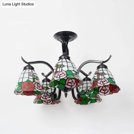 Tiffany Style Stained Glass Semi Flush Lamp - Red/Blue/Green/Blue-White 3/5 Lights Ideal For