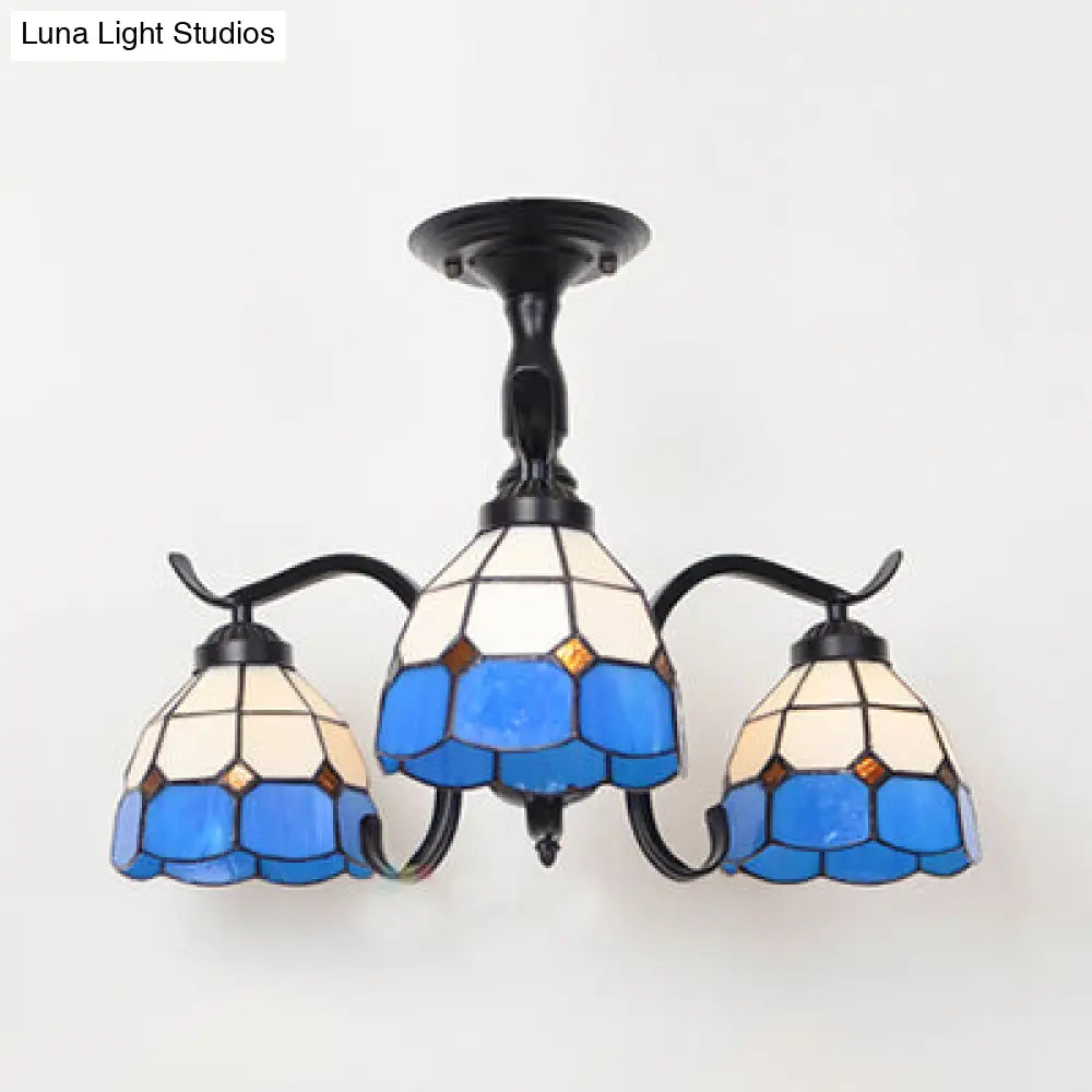Tiffany Style Stained Glass Semi Flush Lamp - Red/Blue/Green/Blue-White 3/5 Lights Ideal For