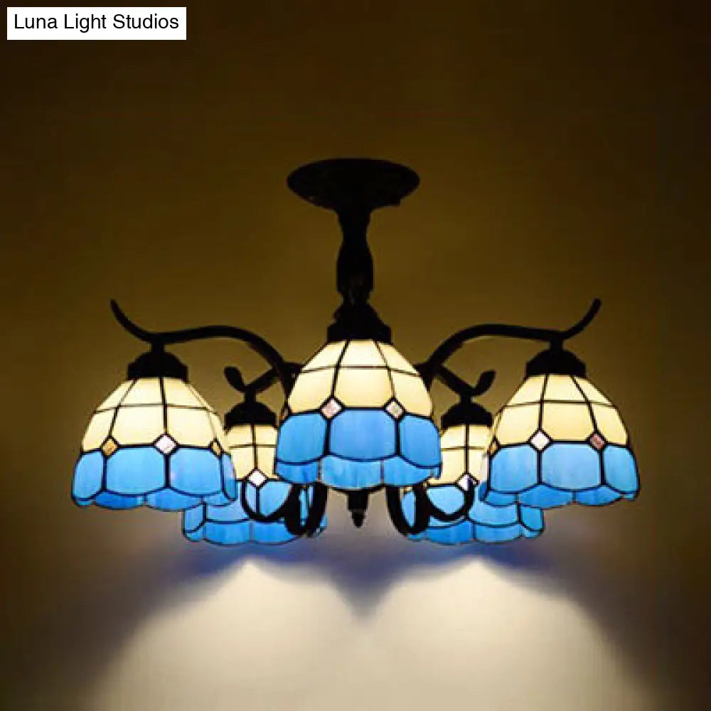 Tiffany Style Stained Glass Semi Flush Lamp - Red/Blue/Green/Blue-White 3/5 Lights Ideal For