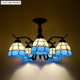 Tiffany Style Stained Glass Semi Flush Lamp - Red/Blue/Green/Blue-White 3/5 Lights Ideal For