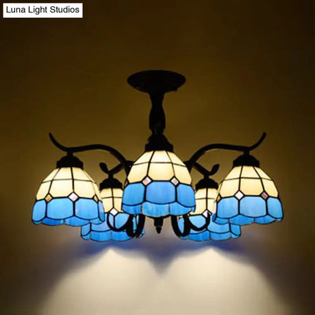 Tiffany Style Stained Glass Semi Flush Lamp - Red/Blue/Green/Blue-White 3/5 Lights Ideal For