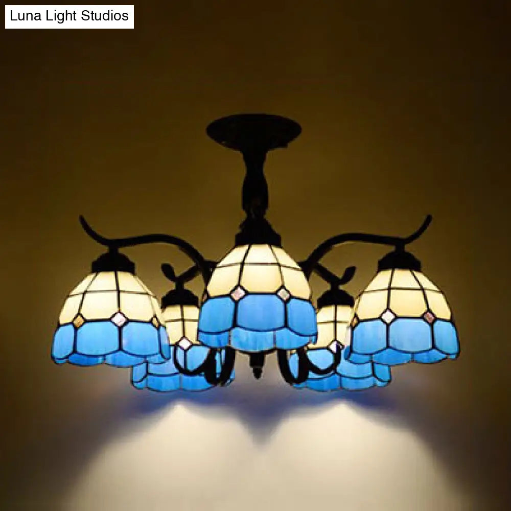 Tiffany Style Stained Glass Semi Flush Lamp - Red/Blue/Green/Blue-White 3/5 Lights Ideal For