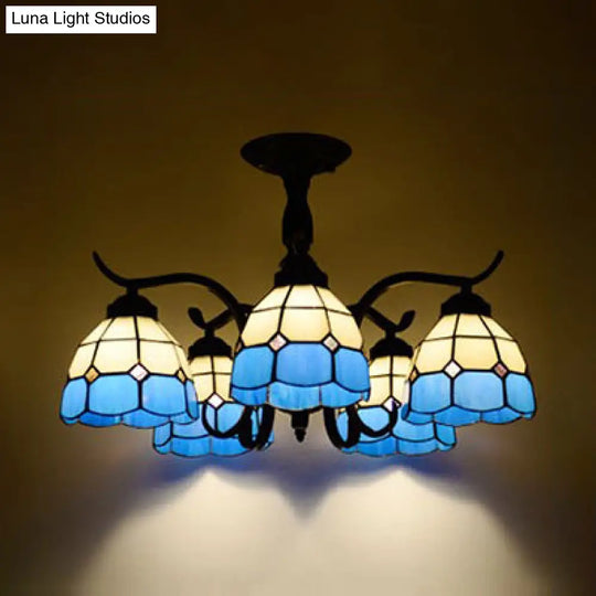 Tiffany Style Stained Glass Semi Flush Lamp - Red/Blue/Green/Blue-White 3/5 Lights Ideal For