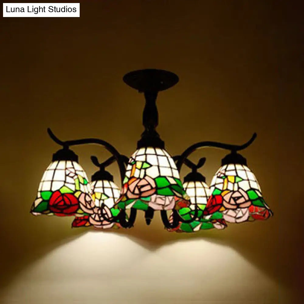 Tiffany Style Stained Glass Semi Flush Lamp - Red/Blue/Green/Blue-White 3/5 Lights Ideal For