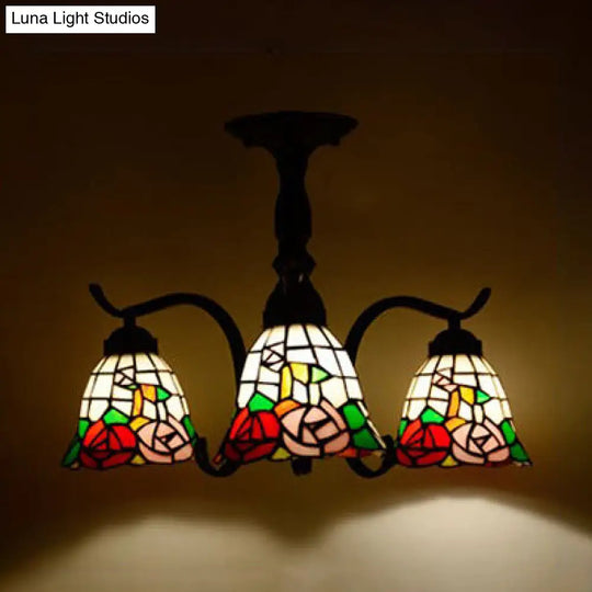 Tiffany Style Stained Glass Semi Flush Lamp - Red/Blue/Green/Blue-White 3/5 Lights Ideal For