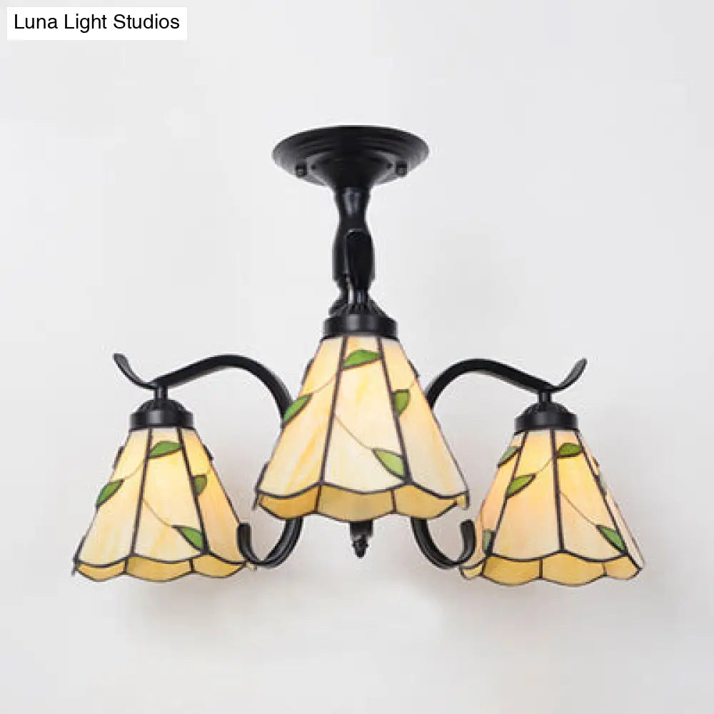 Tiffany Style Stained Glass Semi Flush Lamp - Red/Blue/Green/Blue-White 3/5 Lights Ideal For