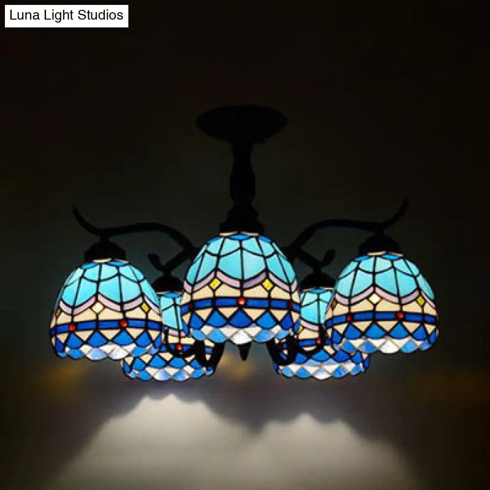 Tiffany Style Stained Glass Semi Flush Lamp - Red/Blue/Green/Blue-White 3/5 Lights Ideal For