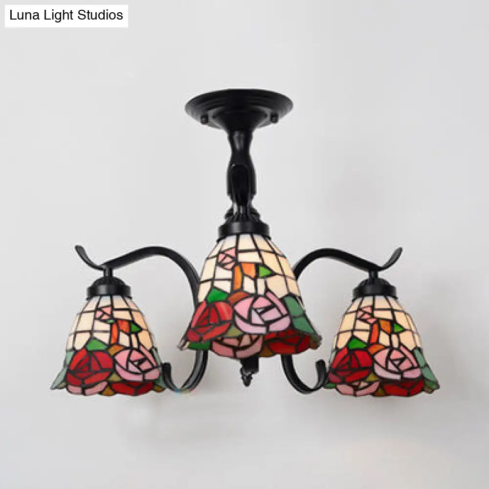 Tiffany Style Stained Glass Semi Flush Lamp - Red/Blue/Green/Blue-White 3/5 Lights Ideal For