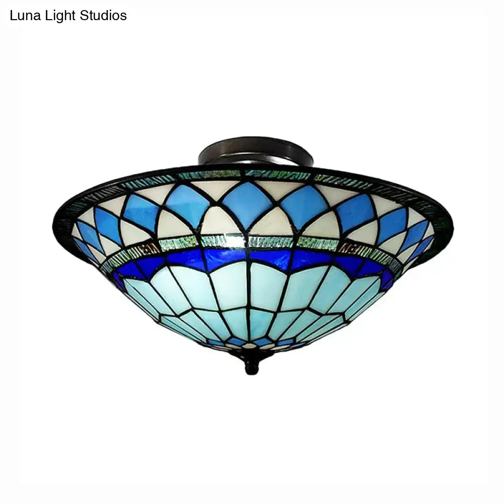Tiffany Style Stained Glass Semi Flush Light - Blue Ceiling Fixture For Living Room 5’ H X 16’