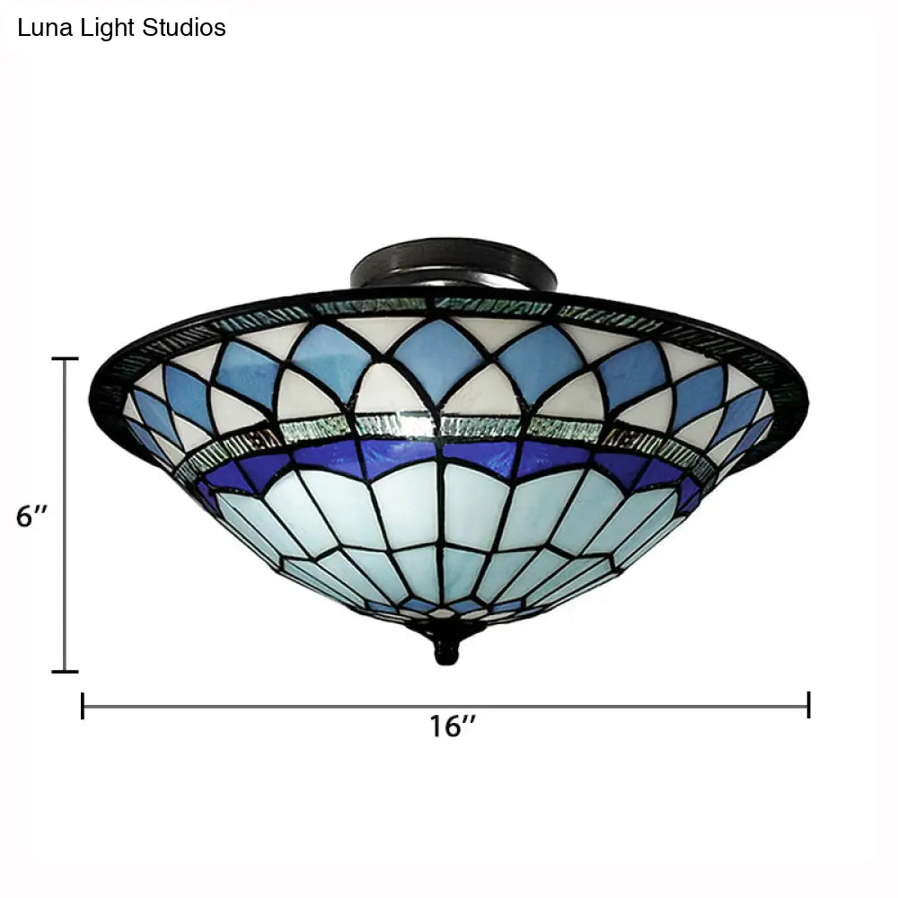 Tiffany Style Stained Glass Semi Flush Light - Blue Ceiling Fixture For Living Room 5’ H X 16’