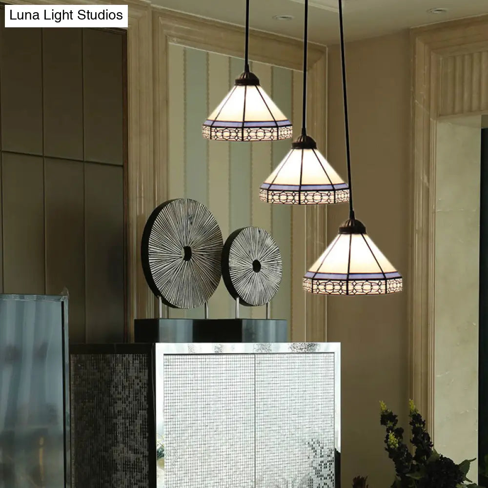 Tiffany-Style Stained Glass Swag Lamp: Blue & White Cluster Pendant Light (3 Heads) With Canopy