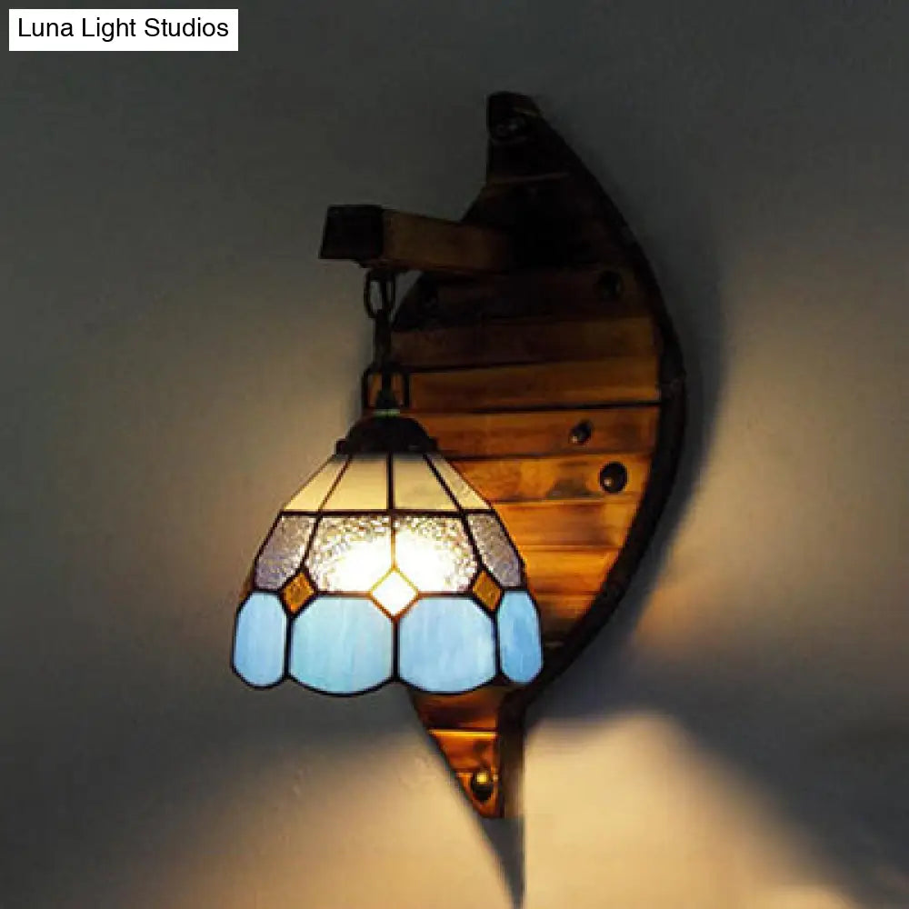 Tiffany Style Stained Glass Wall Sconce - Blue Dome-Shaped Mount Fixture 1 Light 6/5.5 W With Chain