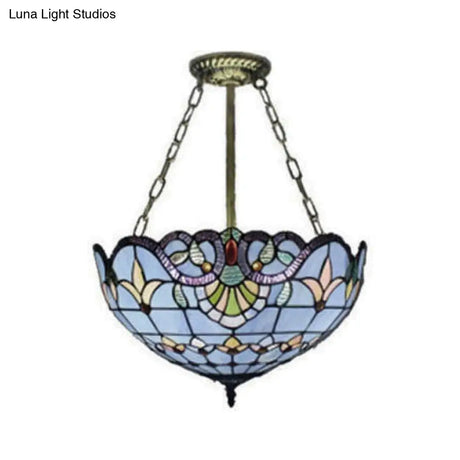 Tiffany-Style Victorian Ceiling Fixture For Study Room With Multi-Colored Glass Semi Flush Mount