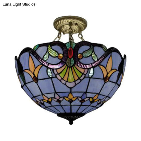 Tiffany-Style Victorian Ceiling Fixture For Study Room With Multi-Colored Glass Semi Flush Mount
