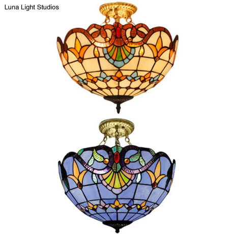 Tiffany-Style Victorian Ceiling Fixture For Study Room With Multi-Colored Glass Semi Flush Mount