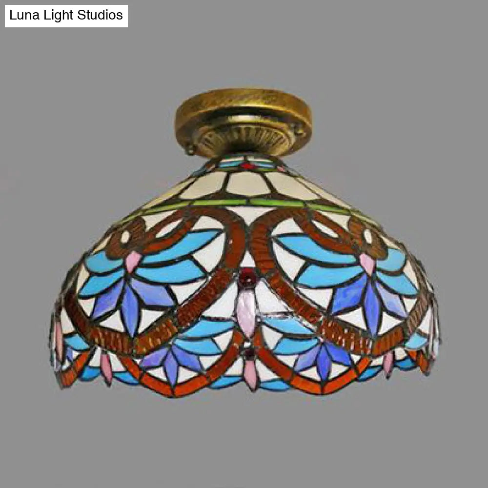 Tiffany Style Victorian/Flower/Pearl/Baroque Flush Mount Lamp With Stained Glass Shade - Antique