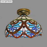 Tiffany Style Victorian/Flower/Pearl/Baroque Flush Mount Lamp With Stained Glass Shade - Antique