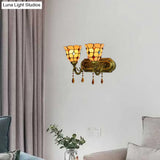 Tiffany Vintage Art Glass Bowl Wall Lamp With Agate Accent - 2-Bulb In Beige/Brown/Blue Shades For