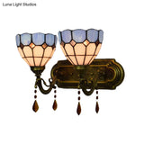 Tiffany Vintage Art Glass Bowl Wall Lamp With Agate Accent - 2-Bulb In Beige/Brown/Blue Shades For