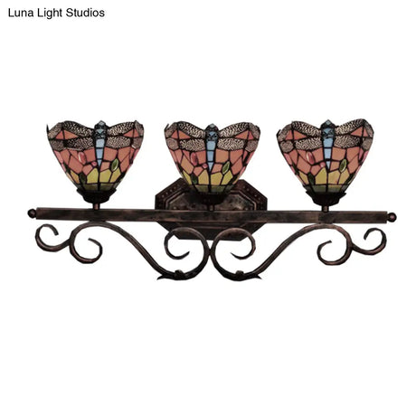 Tiffany Vintage Dragonfly Wall Lamp With 3 Orange Stained Glass Lights For Restaurants
