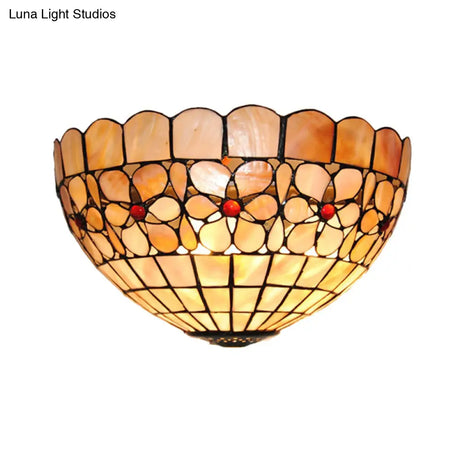 Tiffany Vintage Shell Wall Sconce Beige/Pink-White Flower Pattern For Corridor & Office Lighting