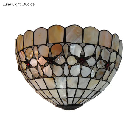 Tiffany Vintage Shell Wall Sconce Beige/Pink-White Flower Pattern For Corridor & Office Lighting