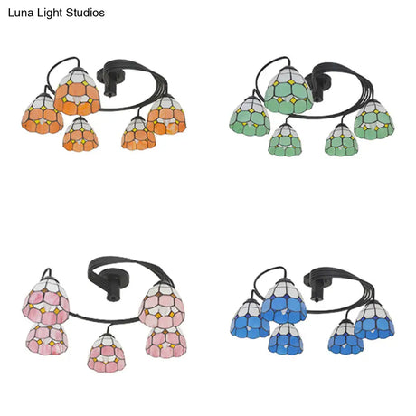 Tiffany Vintage Stained Glass Semi Flush Light Fixture - 3/5-Light Bowl Design For Bedroom Décor