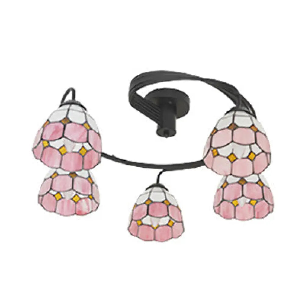 Tiffany Vintage Stained Glass Semi Flush Light Fixture - 3/5-Light Bowl Design For Bedroom Décor