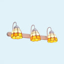 Tiffany Yellow/Blue Glass Grid Patterned Wall Light Fixture - White 3-Head Vanity Lighting Yellow