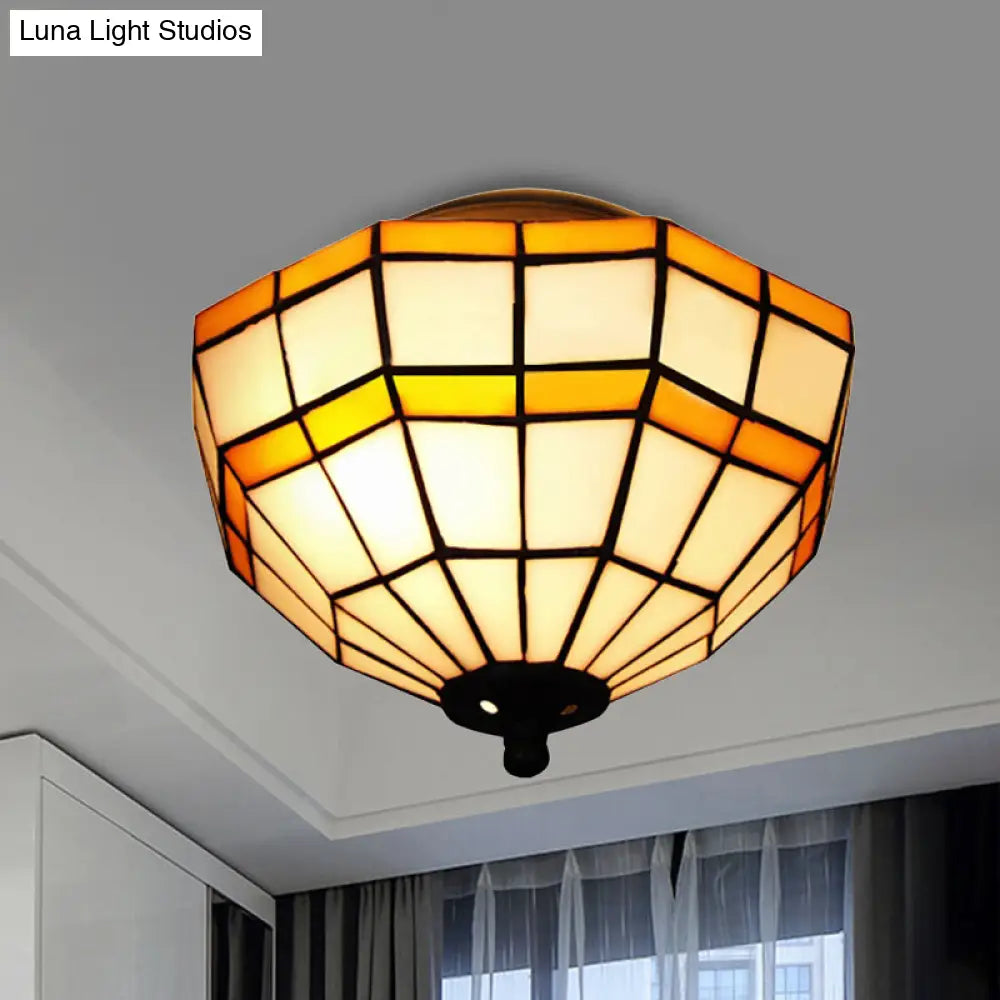 Tiffany Yellow Glass Lattice Bowl Flush Mount Ceiling Light For Study Room
