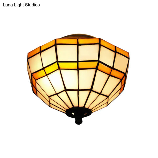 Tiffany Yellow Glass Lattice Bowl Flush Mount Ceiling Light For Study Room