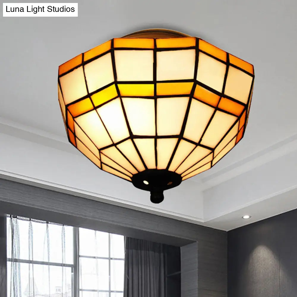 Tiffany Yellow Glass Lattice Bowl Flush Mount Ceiling Light For Study Room