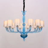 Tradition Starburst Glass Chandelier - 12 Bulbs White/Red/Blue With Cone Fabric Shade Blue