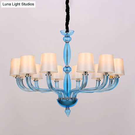 Tradition Starburst Glass Chandelier - 12 Bulbs White/Red/Blue With Cone Fabric Shade