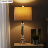 Traditional 1-Light Drum Night Table Lamp With Crystal Base - White/Brown/Beige Fabric Bedroom