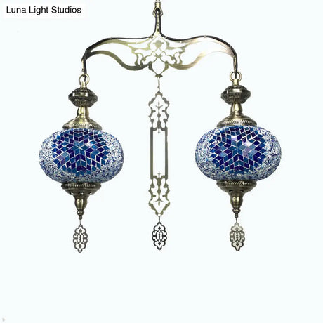 Traditional 2-Head Red/Blue Glass Chandelier Pendant Light For Hallway - Global