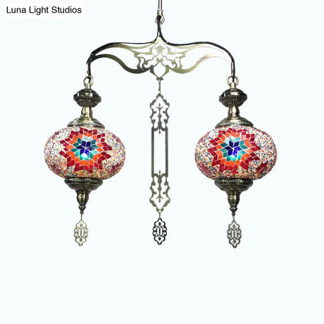 Traditional 2-Head Red/Blue Glass Chandelier Pendant Light For Hallway - Global