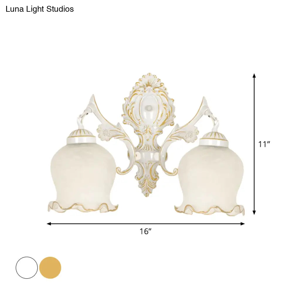 Traditional 2-Headed Ruffle Wall Sconce Light With Bronze Finish And Frosted Glass - Ideal For