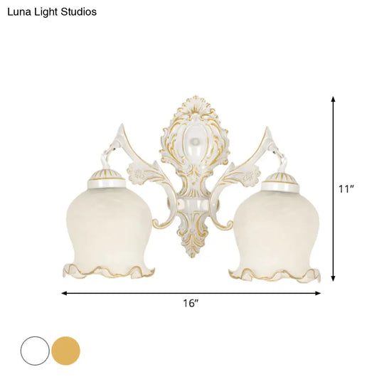 Traditional 2-Headed Ruffle Wall Sconce Light With Bronze Finish And Frosted Glass - Ideal For