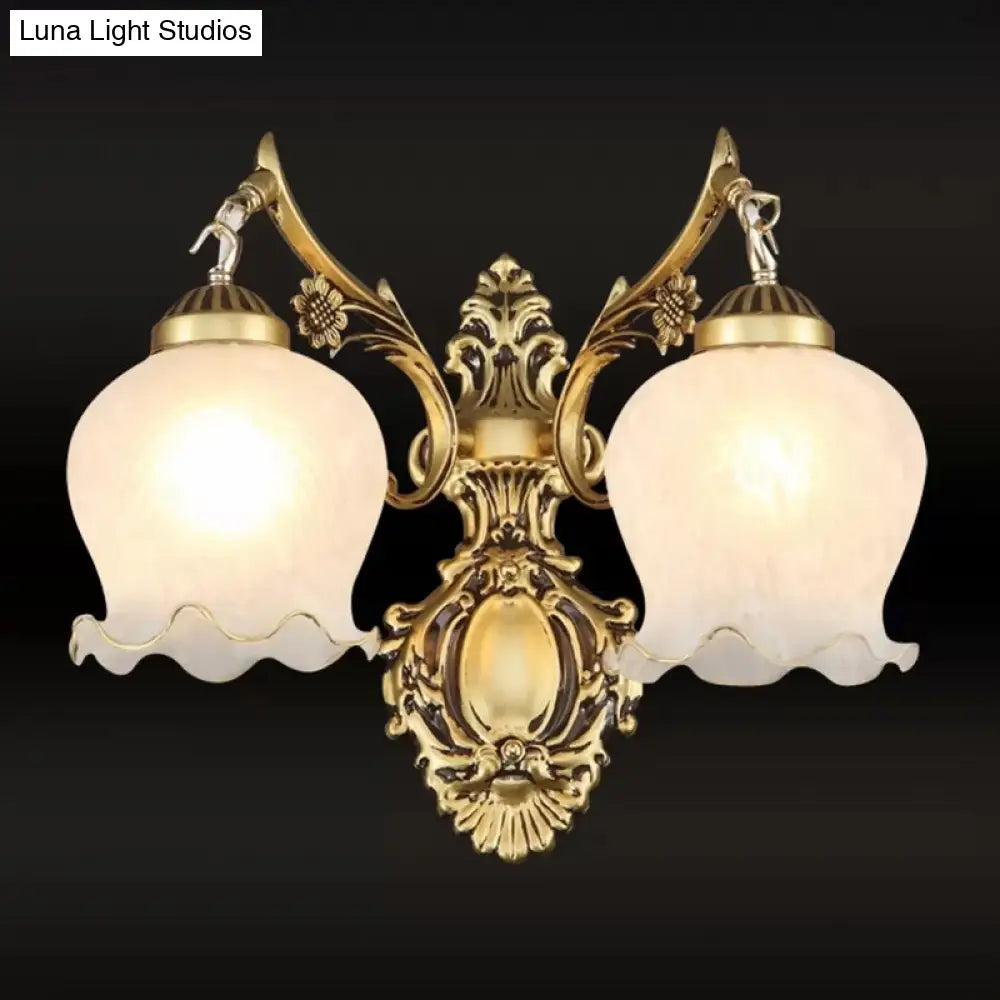 Traditional 2-Headed Ruffle Wall Sconce Light With Bronze Finish And Frosted Glass - Ideal For