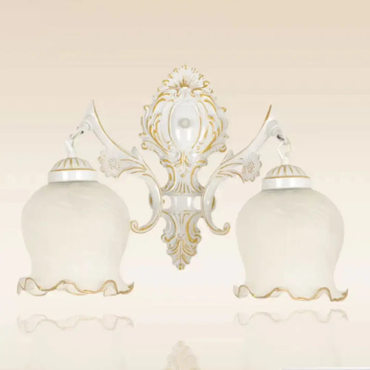 Traditional 2-Headed Ruffle Wall Sconce Light With Bronze Finish And Frosted Glass - Ideal For