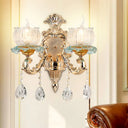 Traditional 2-Light Crystal Wall Mount Lamp In Gold - Elegant Restaurant Lighting