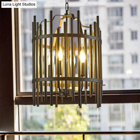 Traditional 4-Light Metal Chandelier - Strapped Cage Design For Dining Room Pendant Lighting
