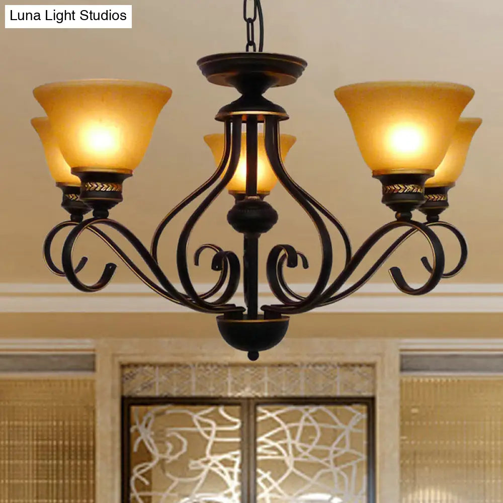 Traditional 5-Light Beige Frosted Glass Chandelier: Black Bell Pendant Fixture