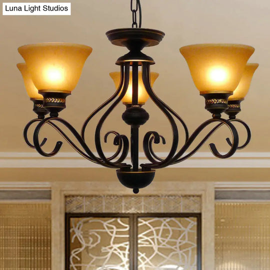 Traditional 5-Light Beige Frosted Glass Chandelier: Black Bell Pendant Fixture