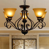 Traditional 5-Light Beige Frosted Glass Chandelier: Black Bell Pendant Fixture